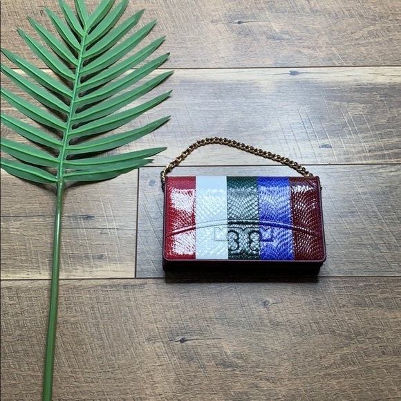 Tory Burch Leather Savannah Striped Chain Flat Wallet Crossbody Bag - Picture 2 of 9